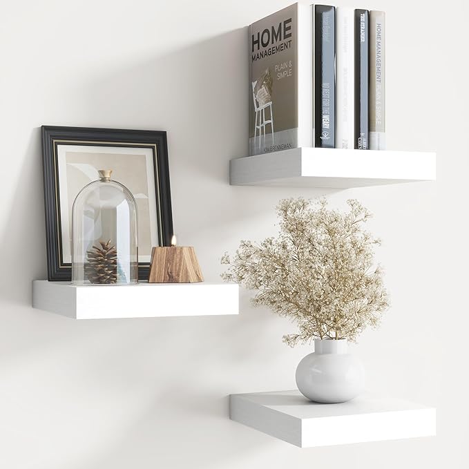 Floating Shelves for Wall with Invisible Brackets, Wall Mounted Engineered Wood Shelves with Wood Grain for Living Room, Bedroom, Bathroom, Kitchen Decor and Storage, Oak, 8"L Set of 3, White