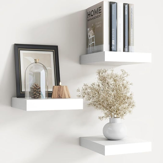Floating Shelves for Wall with Invisible Brackets, Wall Mounted Engineered Wood Shelves with Wood Grain for Living Room, Bedroom, Bathroom, Kitchen Decor and Storage, Oak, 8"L Set of 3, White