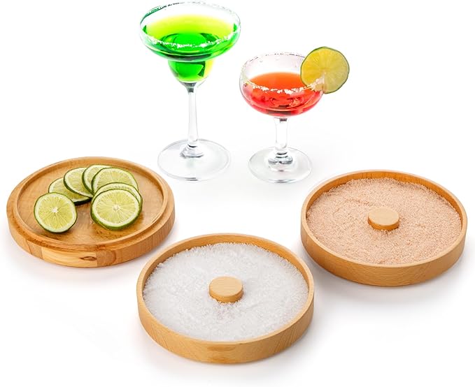 Nucookery 3-Tier Wood Bar Glass Rimmer, 5.6" Margarita Salt Rimmer Set, Sugar and Salt Rimmer Tray for Juice Cocktails, Bartender Bar Party Tool, Drinks Bar Accessories Box for Home Bar (Beech Wood)