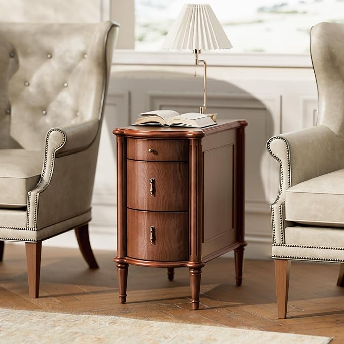 STO'SENSE Nightstand Set of 2 w/Charging Station & 3 Drawers, Pre-Assembled, Vintage Side Table w/Antique-Finished Pulls, Rustic Wood Finish, Narrow End Table w/Turned Legs for Bedroom, Brown