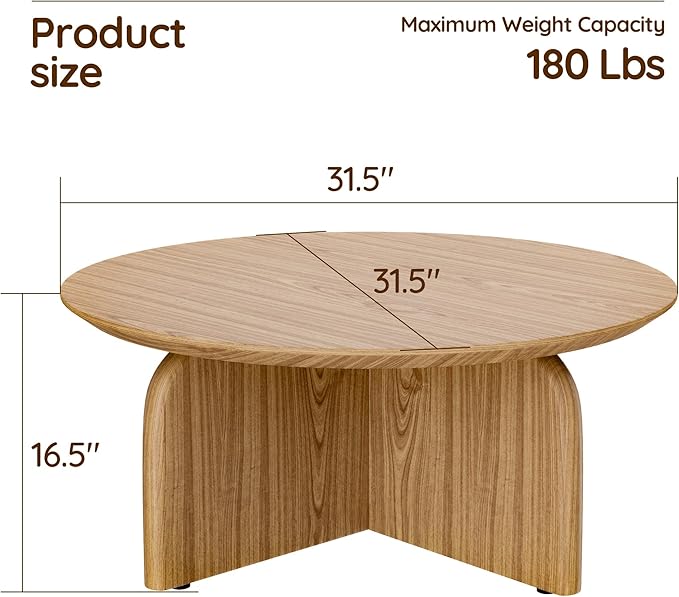 Round Coffee Table with Stylish Curve, 31.5" Circle Wooden Living Room Coffee Table, Modern Farmhouse Center Accent Furniture, Child-Friendly, Easy to Assembly, Brown