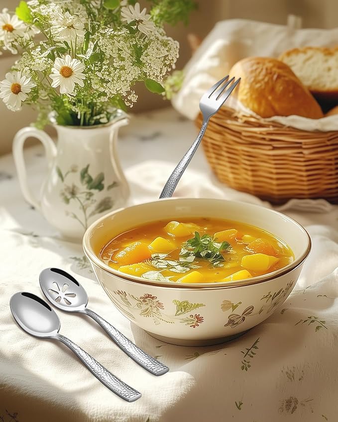 65-Piece Silverware Set with Serving Utensils, Ollex Durable Stainless Steel Hammered Flatware Set for 12 with Knives Forks Spoons Large Serving utensil Set for Home Restaurant, Dishwasher Safe