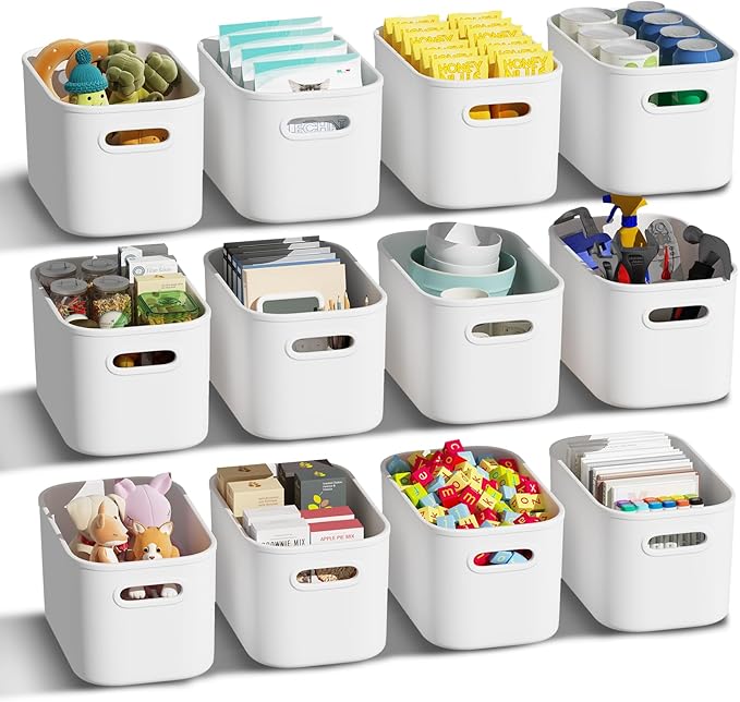 12 Pack White Plastic Storage Bins, Storage Container for Organizing, Storage Boxes with Handle for Shelves, Cute Organizer Bins for Craft, Snacks, Pantry, Cabinet, 9.69x6.7x5.7 inch