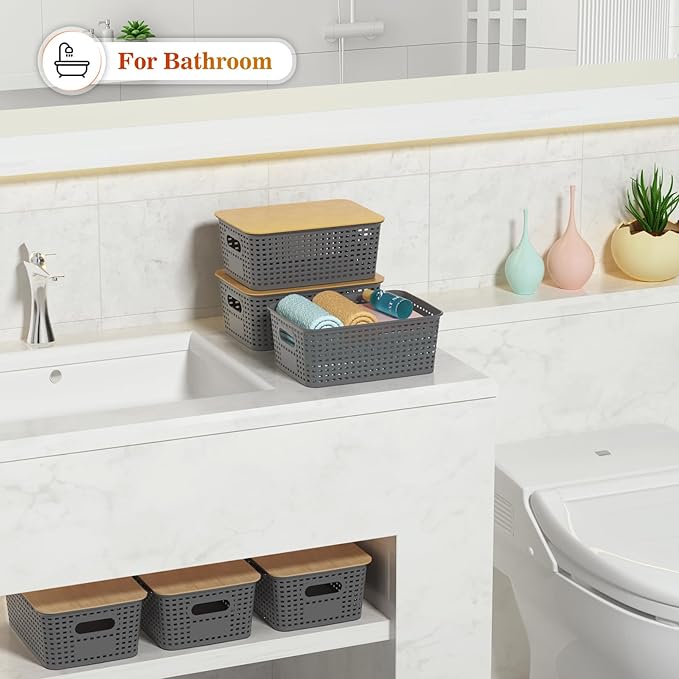 Plastic Storage Baskets With Bamboo Lid - Plastic Storage Containers Stackable Storage bins: Storage Baskets for Organizing Shelves Drawers Desktop Closet Playroom Classroom Office, 6 Pack, Gray