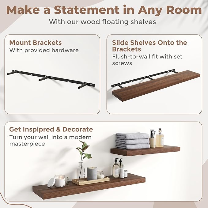 48 Inch Floating Shelves for Wall Set of 2, 8"D Wood Grain Bathroom Shelves with Invisible Brackets, Easy Install Engineered Wood Storage Shelves for Kitchen, Living Room, Bedroom, Walnut Finish