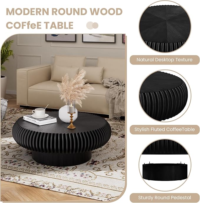 Fluted Drum Coffee Table Round Coffee Table for Living Room Mid Century Modern Coffee Tables with Sturdy Pedestal Circle Center Tea Table Accent Tea Table for Small Space Apartment (31.5" Black)