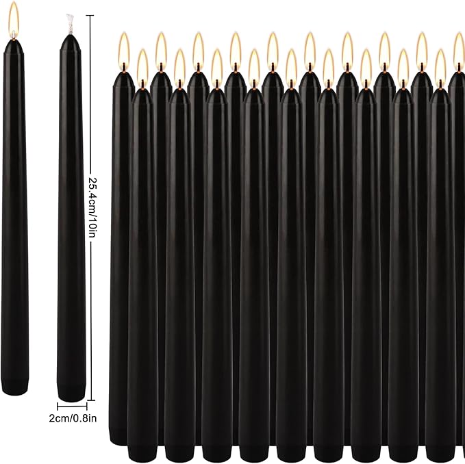 24-Pack Black Dripless Taper Candles -10 inch Tall- Cotton Wick, 7.5 Hour Clean Burning,Smokeless,Suitable for Home Decoration, Weddings, Religious Ceremonies, Holidays, Parties and Halloween.