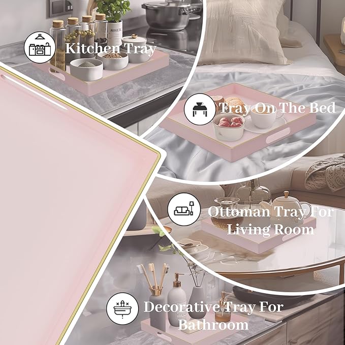 MAONAME Decorative Tray, Pink Serving Tray with Handles, Coffee Table Trays, Square Plastic Trays for Ottoman, Bathroom, Kitchen, 13"x13"x1.57"
