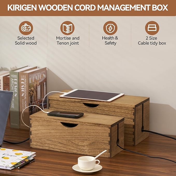 KIRIGEN Cable Management Box Wooden Cord Organizer Hide Power Strip Desk Wires Protector for Home Office TV Computer (DXH2T-DBR)