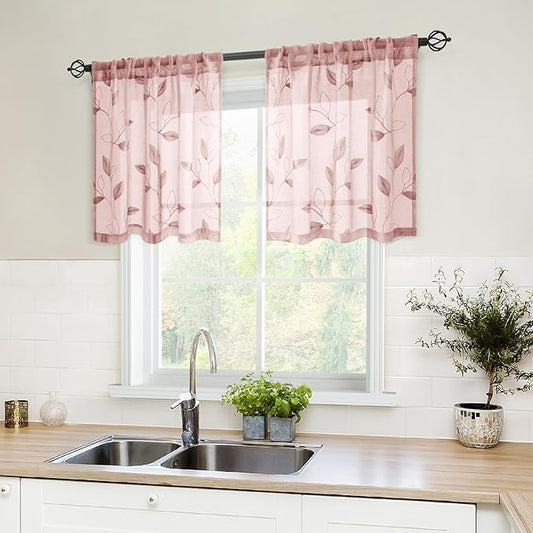 HOMEIDEAS Blush Pink Sheer Kitchen Curtains 30 X 24 Inch Length 2 Panels Embroidered Leaf Pattern Short Bathroom Window Curtains for Small Window Valance Tiers