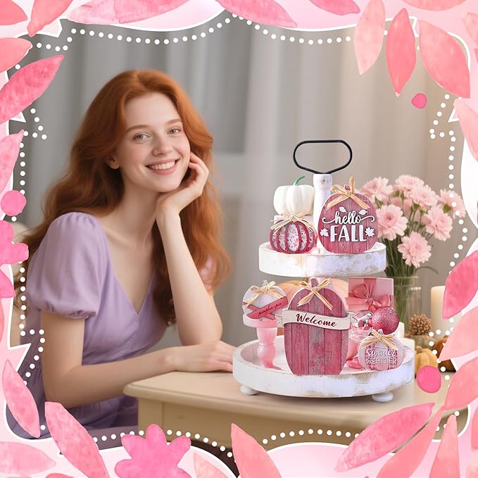 5 Pcs Fall Pink Pumpkin Decor for Home Thanksgiving Wooden Table Centerpiece Decorations Fall Wooden Pumpkin Signs for Autumn Farmhouse Home Living Room Kitchen Mantle Tabletop Supplies