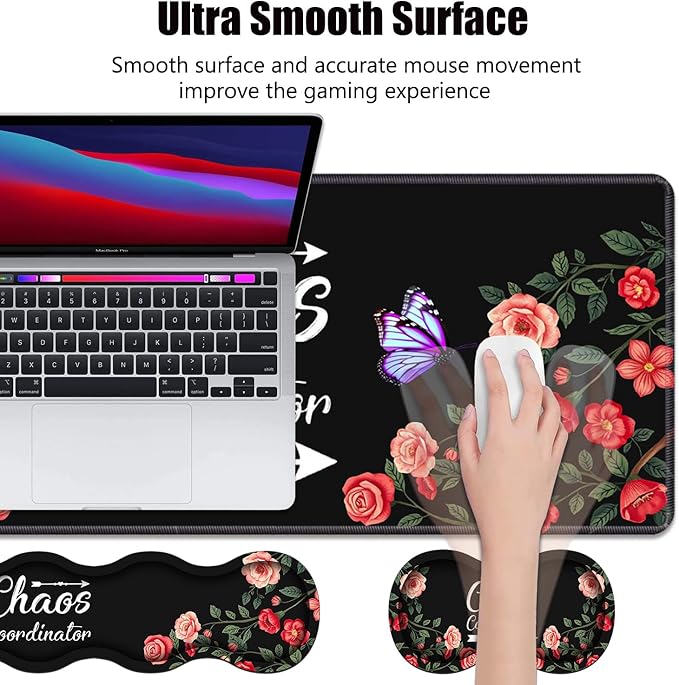 4 in 1 Ergonomic Memory Foam Mouse Pad Wrist Rest Set, Large Gaming Desk Pad + Keyboard Wrist Rest + Mouse Wrist Cushion + Coaster for Home Office Study Gaming, Colored Floral Quote Chaos Coordinator