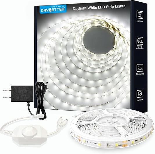 DAYBETTER White LED Strip Light, 20 ft Dimmable Bright Rope Lighting, 6500K 24V Strips, 360 LEDs 2835 Tape Lights for Bedroom, Kitchen, Mirror, Home Decoration(1 Roll)