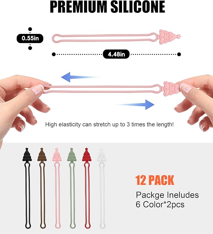 Nearockle Silicone Cable Ties Cord Organizer, 12Pcs 4.5" Reusable Cute Christmas Ties for Bundling Electrical Wire in Home, Office, School, Travel Essentials (Multicolor)
