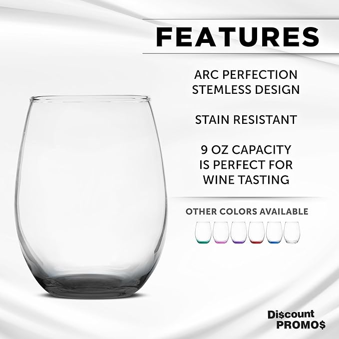 DISCOUNT PROMOS Stemless Wine Glass 9 oz. Set of 10, Bulk Pack - Great for Wedding Favors, Bachelorette Party and More - Black Bottom Color