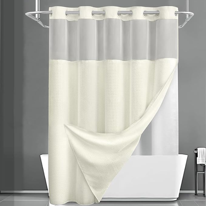 YellyHommy No Hook Shower Curtain with Snap in Liner Set Less Waffle Shower Curtain for Bathroom (Cream, 81" L x 72" W)
