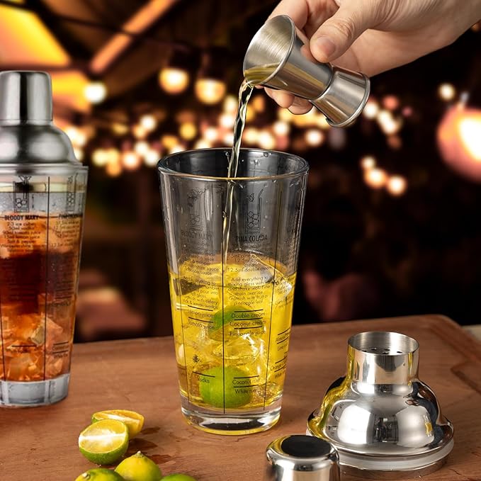 Ailelan Glass Cocktail Shaker with Strainer, 14oz Martini Shaker with 6 Recipes On Side, Clear Drink Shaker Bottle with Measurements, Bar Shakers Set Bartender Kit for Mixing Cocktail, Margarita