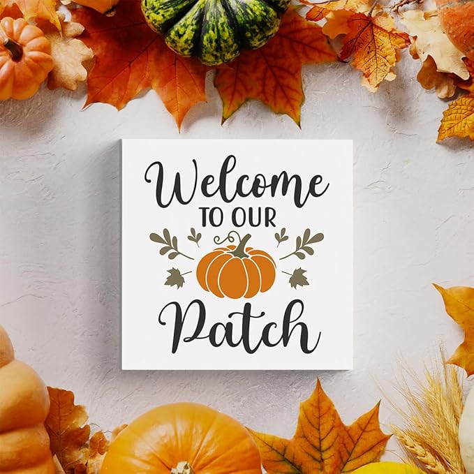 HTBIG Fall Wooden Box Sign, 5.1 X 5.1 Inch Pumpkin Autumn Wood Sign for Tiered Tray, Home Living Room Harvest Day Thanksgiving Tabletop Decor - Welcome to Our Pumpkin Patch