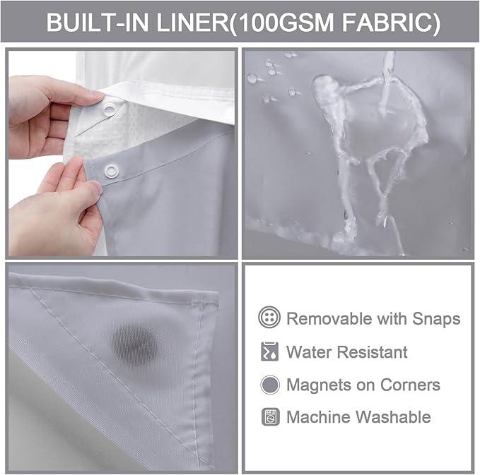 YellyHommy Waterproof Fabric Snap in Shower Curtain Liner Replacement with 2 Magnets71 W x 55" L for 72" W x 75" L No Hook Shower Curtain - Removable & Detachable to Wash - Gray