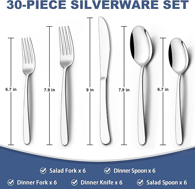 30-Piece Silverware Set for 6, Wildone Premium Stainless Steel Flatware Set, Heavy Duty Cutlery Utensil Set for Home Restaurant, Include Fork Knife Spoon Set, Dishwasher Safe