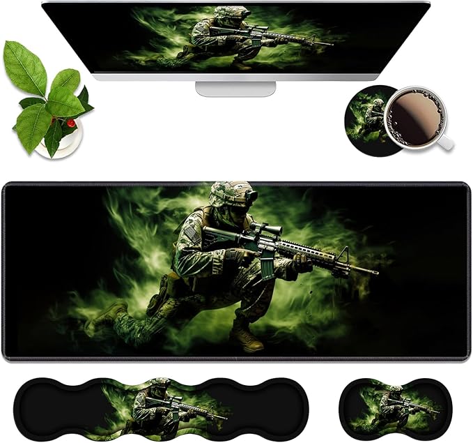 4 in 1 Ergonomic Memory Foam Mouse Pad Wrist Rest Set, Large XXL Gaming Desk Pad + Keyboard Wrist Rest + Mouse Wrist Cushion + Coaster for Home Office Study Gaming, American Army Troops Soldiers