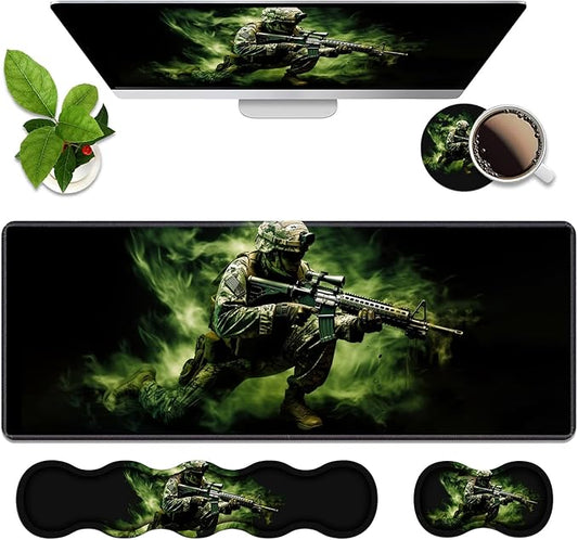 4 in 1 Ergonomic Memory Foam Mouse Pad Wrist Rest Set, Large XXL Gaming Desk Pad + Keyboard Wrist Rest + Mouse Wrist Cushion + Coaster for Home Office Study Gaming, American Army Troops Soldiers