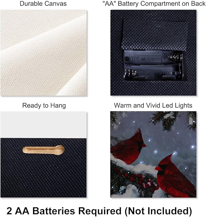 NIKKY HOME 12" x 16" LED Lighted Canvas Wall Art Prints Light Up Cardinal and Berries Artwork Winter Scene Picture for Holiday Decor