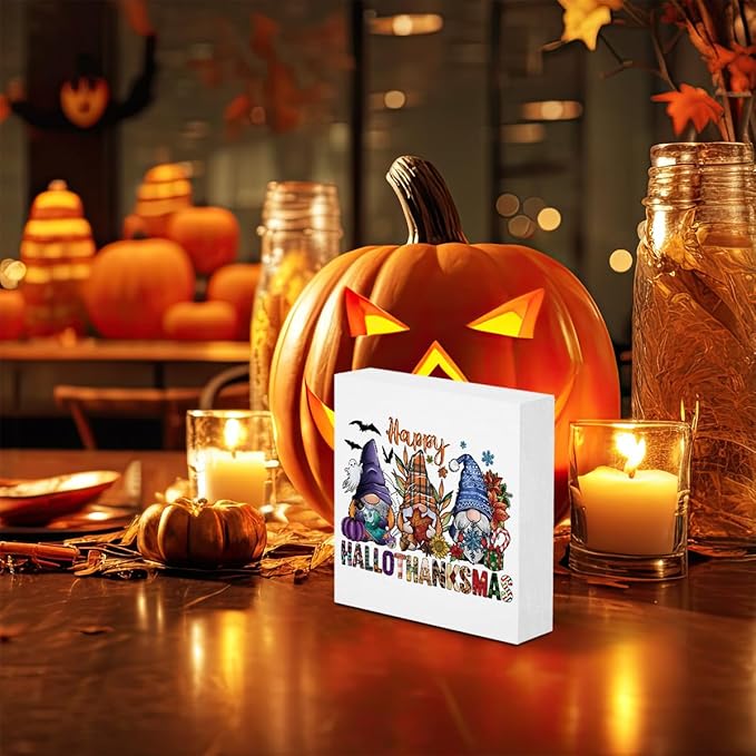 Happy HallowThanks Fall Desk Gnome Rustic Wooden Box Thanksgiving Gnome Decorations for Home Pumpkin Decor Halloween Christmas Farmhouse Harvest Autumn Wood Sign for Shelf Tiered Tray