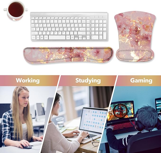 AIMSA Mouse Pad Wrist Support Set Keyboard Wrist Rest, Ergonomic Memory Foam Non-Slip Base Easy Typing Pain Relieve for Computer Laptop Home Office, Pink Gilt Marble