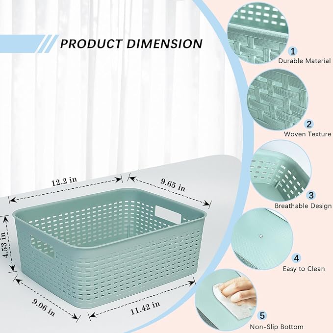 Soddeph Plastic Storage Baskets for Cabinets, Household Pantry Organization with Handle,Organizer Bins for Room,Bathrooms,Under-Sink,Kitchen (Green, M-3PACK)