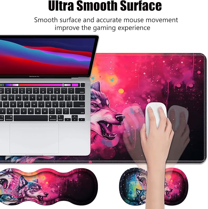 4 in 1 Ergonomic Memory Foam Mouse Pad Wrist Rest Set, Large XXL Gaming Desk Pad + Keyboard Wrist Rest + Mouse Wrist Cushion + Coaster for Home Office Study Gaming, Watercolor Art Wolf Howling