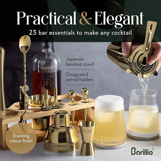 Barillio Gold Bartender Kit - Stainless-Steel Cocktail Shaker Set w/Bamboo Stand - Mixology Bar Tools w/Drink Shaker, Mixer Spoon and Muddler for Cocktails - Home Bar Accessories - 23-Pc Bar Set