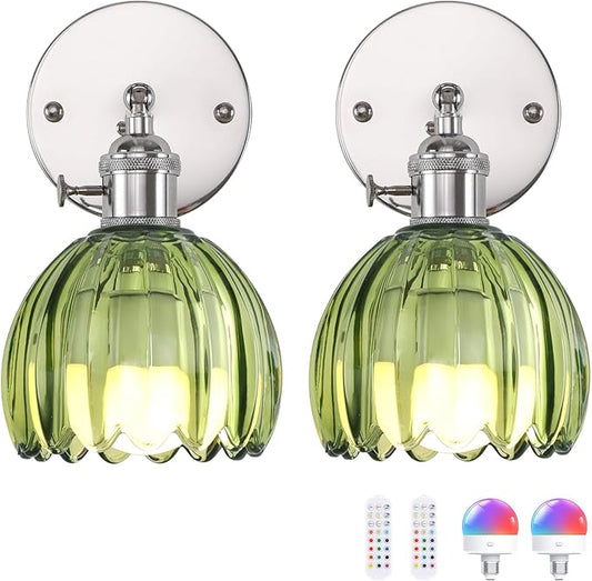 Battery Operated Wall Sconce with Cute Green Tulip Glass Lampshade Rechargeable Wireless Wall Light with Remote Control for Bedside Bedroom Doorway, Silver, Set of 2