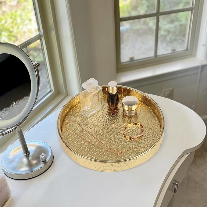 HofferRuffer Faux Leather Round Serving Tray, Vegan Croco Leather Decorative Tray, Food Tray for Storage Drinks, Snack & Cosmetics, Dia.12'' x 1.6'' (Gold)