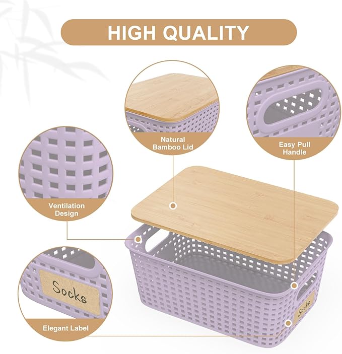 Small Storage Bins with Bamboo Lid, Plastic Storage Box with Lid, 5QT Stackable Organizing Basket with Lable,Storage Container for Classroom, Office, Closet, Shelf Organization, 10x7x4 In-Purple-6 Pcs
