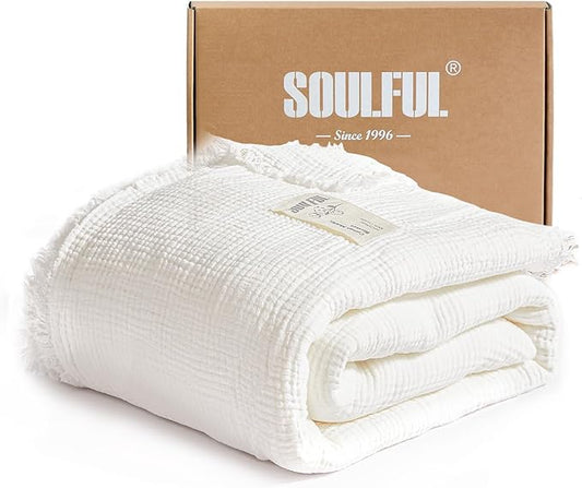 SOULFUL Muslin Throw Blanket with Tassels - Soft Full Size Cotton Throw Blanket for Couch or Bed, Lightweight and Breathable Gauze for All Seasons, White, 66" x 90"