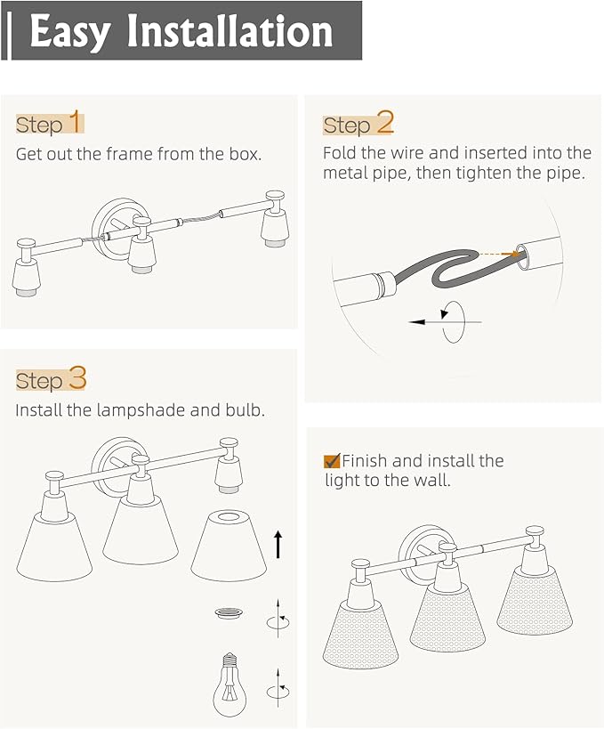 FEMILA Black Bathroom Light Fixtures, 3-Light Bathroom Vanity Lights Over Mirror with Hammered Metal Shade, Modern Wall Lamp for Kitchen Bedroom Living Room,4FG59B-3W BK