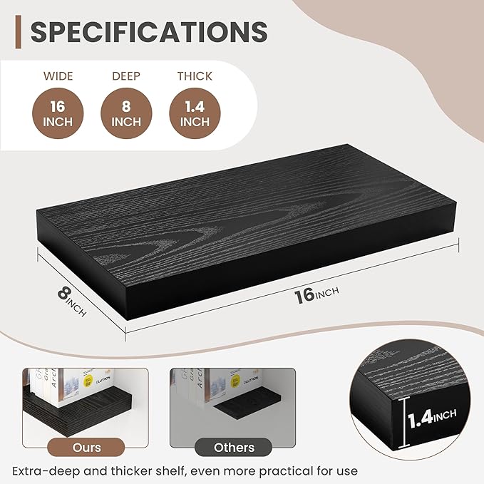 16 Inch Floating Shelves, 8 Inch Deep Floating Shelves for Wall, Hanging Shelf with Invisible Brackets, Deep Shelves for Bathroom, Bedroom, Living Room, Black, Set of 2