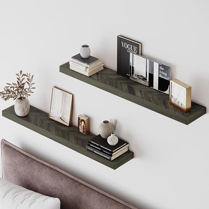 24" Acacia Chevron Floating Shelves Set of 2 - Wall Mounted Wooden Shelf for Stylish Home Décor - Mocha Color - 24x6.7x1.5 Inches