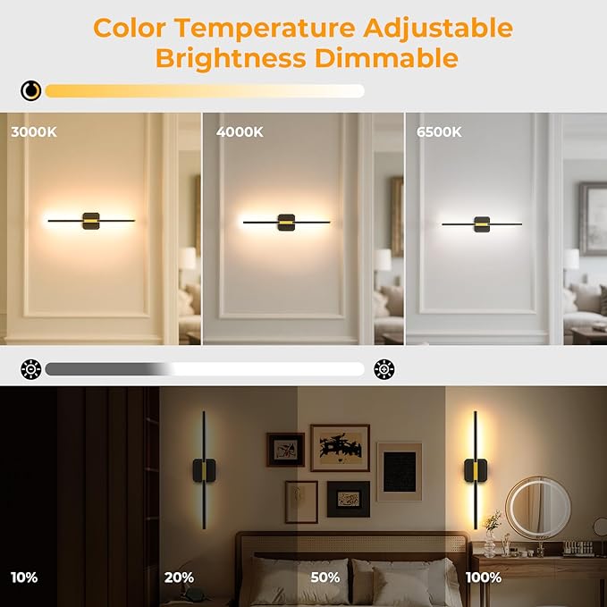 Battery Operated Wall Sconce Detachable 360°Rotate, Wireless Wall Lamp 3000-6500K Dimmable, 10000mAh Rechargeable Wall Light for Bedroom, Living Room，28" Black Gold (1 Pack)