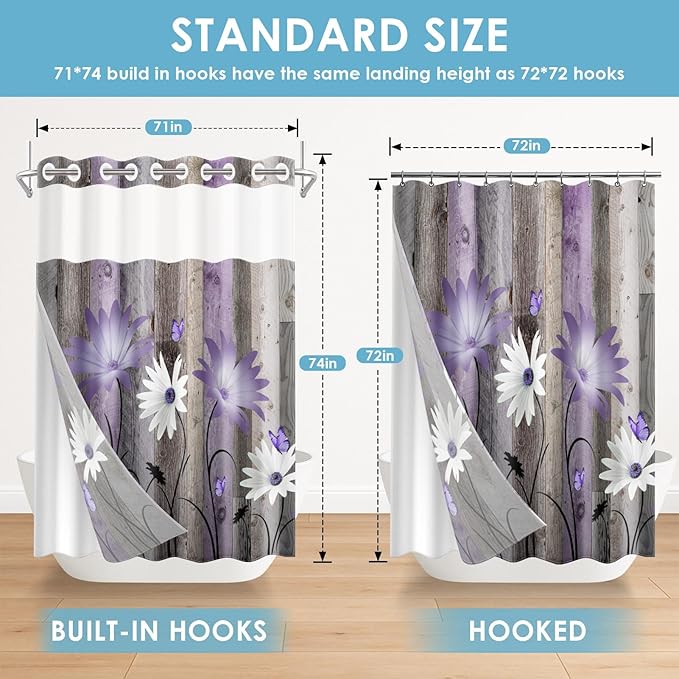 No Hook Rustic Farmhouse Shower Curtain with Snap in Fabric Liner Set, Purple Daisy Flowers and Butterfly on Wooden Double Layers Waterproof with See Through Top Bath Curtain 71x74 Inch