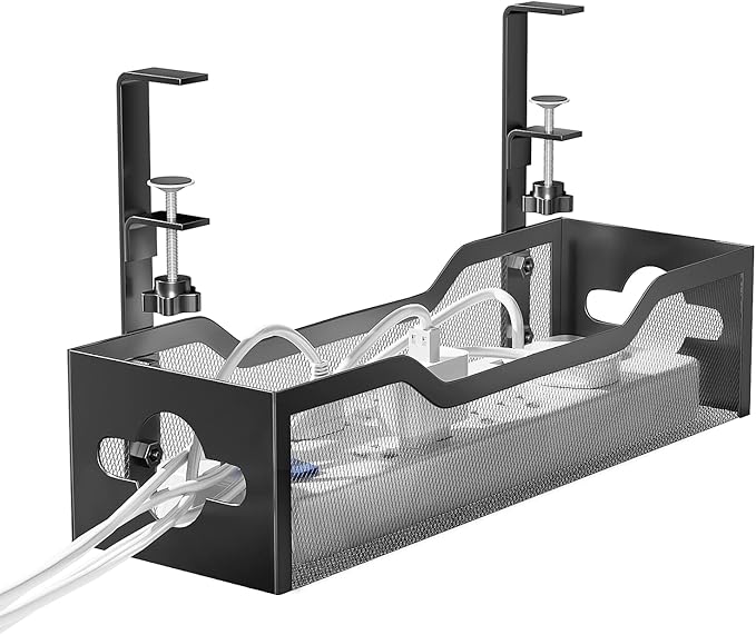 Under Desk Cable Management Tray 13.38", Quszmd Cable Organizer No Drill, Standing Cord Organizer and Wire Management Tray - No Damage to Desk, Black