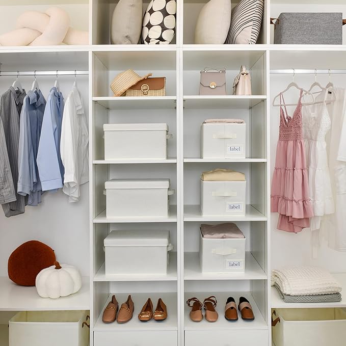 GRANNY SAYS Closet Organizer Bins with Label Holder, Fabric Storage Baskets, Foldable Storage Bins for Living Room, Decorative Storage Containers Organizing, Pearl White, 3-Pack