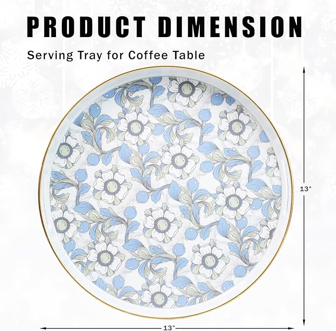 Round Serving Tray with Handles, Coffee Table Tray for Ottoman, Organizer Vanity Tray for Living Room, Outdoor Tray for Patio Entertaining, Serving Breakfast Kitchen Platter LEE33BLH