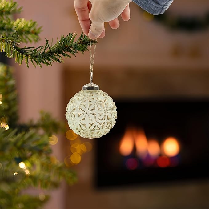 AuldHome Design Farmhouse Ball Ornaments (Set of 6, Soda Glass); Distressed Metal Glass Ball Vintage Style Christmas Decorations
