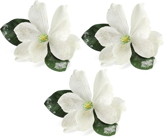 AuldHome Design Magnolia Floral Picks (3-Pack, White); Artificial Magnolia Greenery Flowers for Christmas and Seasonal Decor
