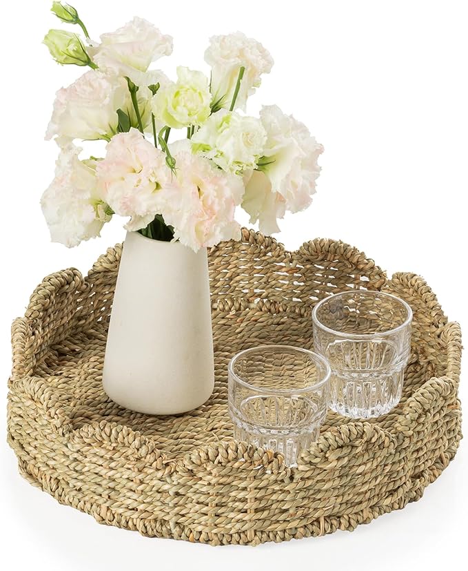 Wicker Tray, Handwoven Woven Tray with Handles and Scalloped Edge, Round Wicker Basket for Home Decor and Organizing, 13" L x 13" W x 3.5" H