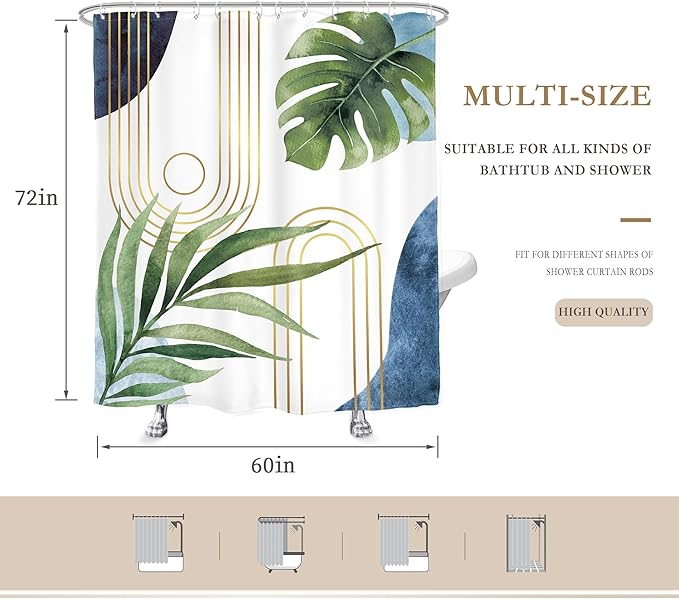 Glawry Boho Blue Green Shower Curtain Mid Century Abstract Tropical Palm Leaf Modern Minimalist Plant Botanical Bathroom Geometric 60Wx72L Inches Bath Accessories Art Home Decor Fabric 12 Pack Hooks