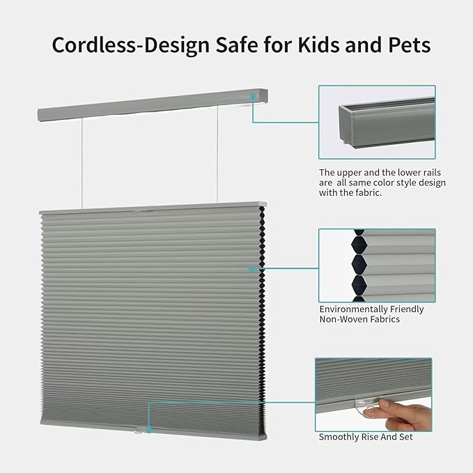 MYshade Top Down Bottom Up（TDBU） Cellular Shades, 1.5 inch Cordless Blackout Honeycomb Pleated Blinds for Windows Home Bedroom Office, Light Control, Thermal Insulated, 47 "W x 72" H, Grey