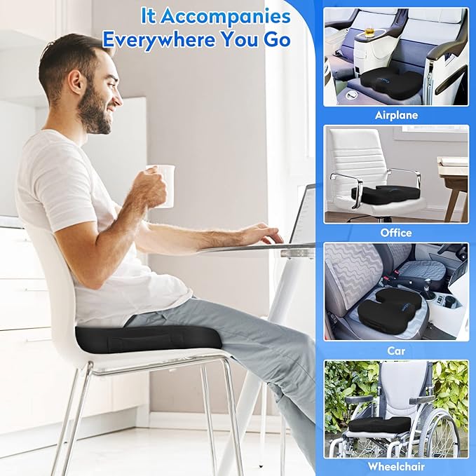 Seat Cushion for Office Chair, Car Seat, Airplane, Bleacher & Wheelchair, Ergonomic Memory Foam, Non-Slip Chair Pad, Office Desk Accessories for Back/Tailbone/Sciatica Pain Relief (Black)